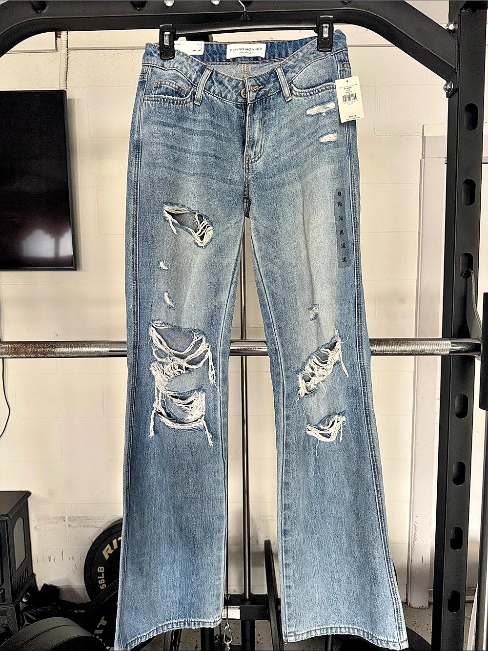 Flying Monkey The High Rise Flare Distressed Jeans in Blue Waist 24 NWT